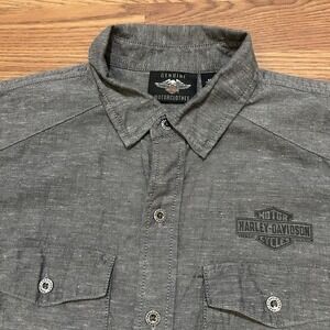 Harley Davidson Linen Cotton Button Up Graphic SS Shirt Men's Sz. M Motorcycle